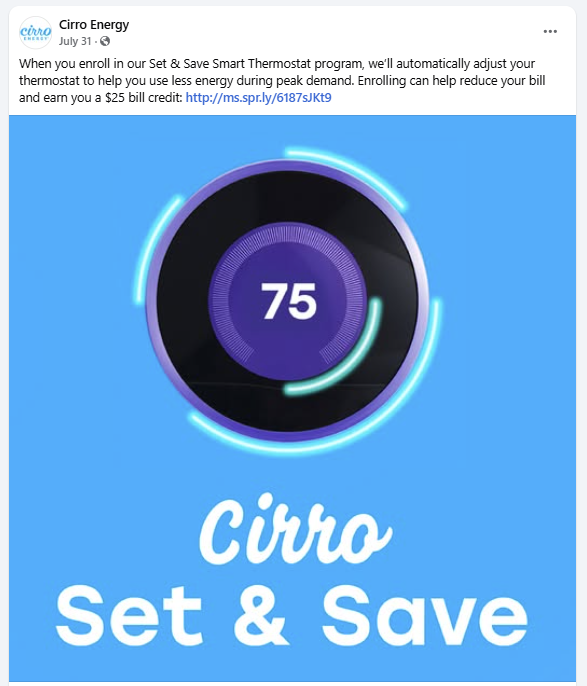Cirro Energy Set and Save smart thermostat Facebook post