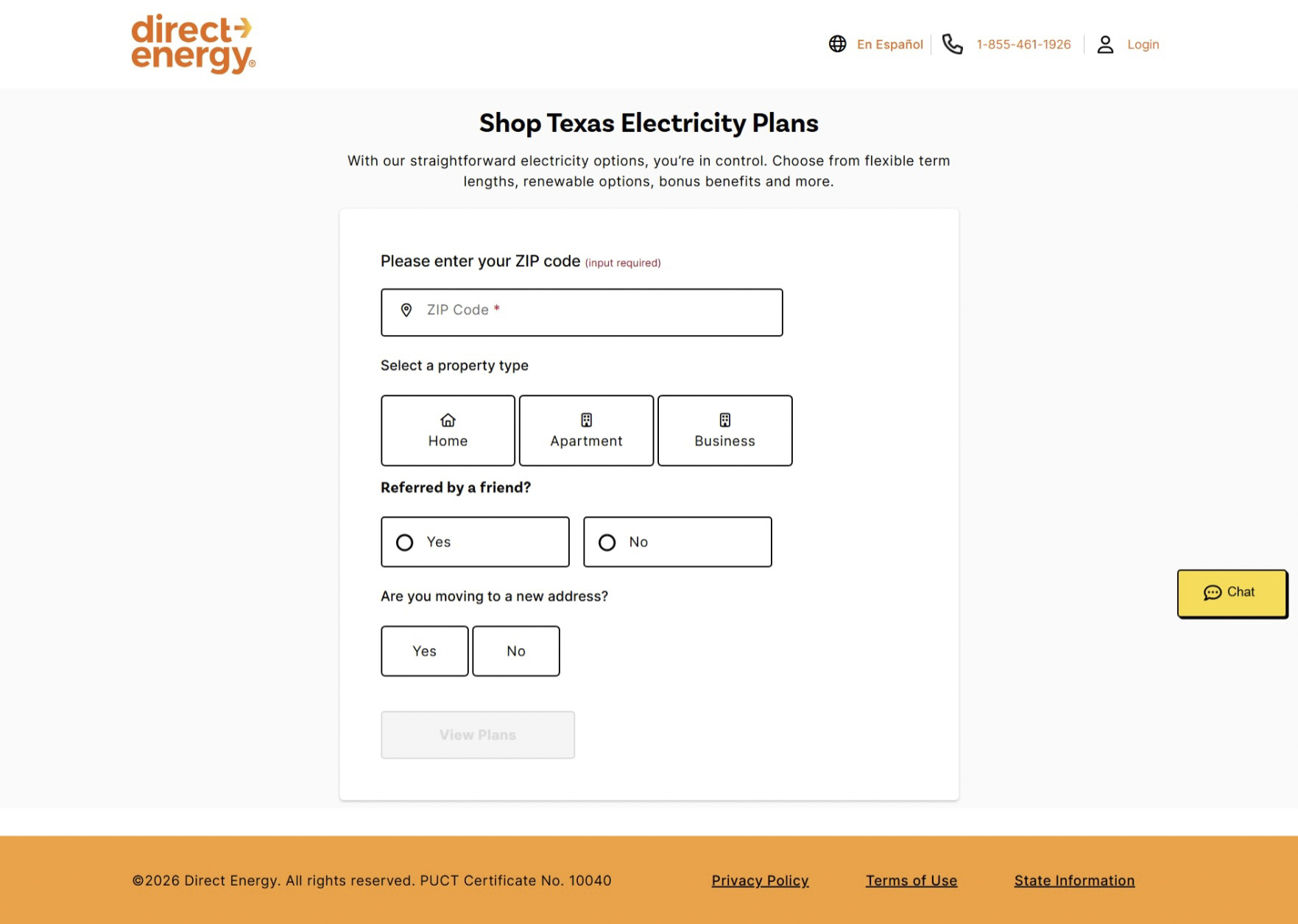 Direct Energy enrollment entry page asking for a ZIP code, property type, and a few quick questions