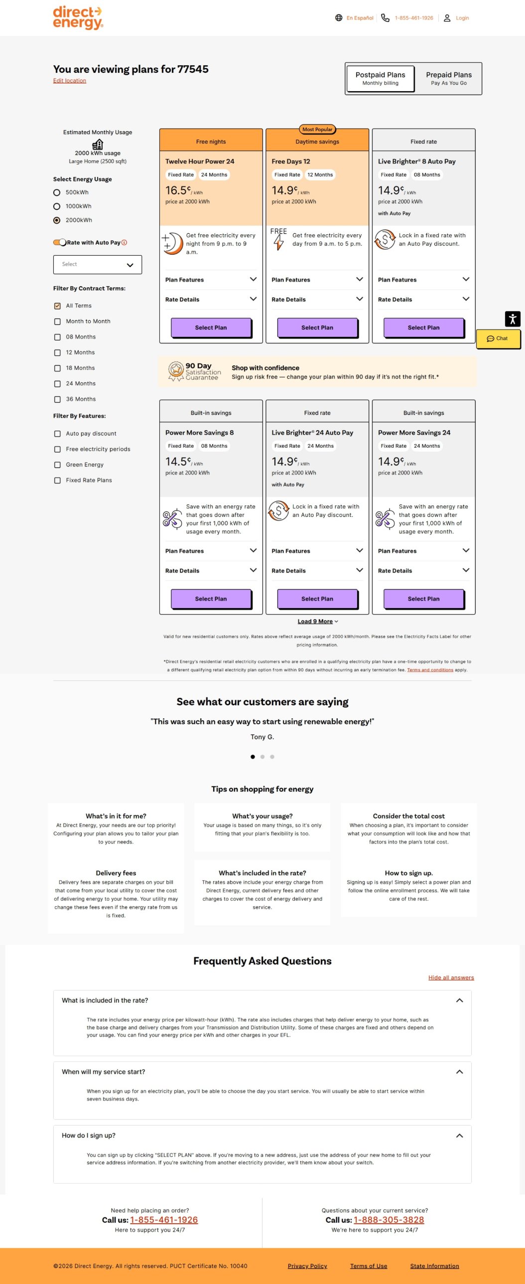 Direct Energy plan results page shown after the ZIP code step