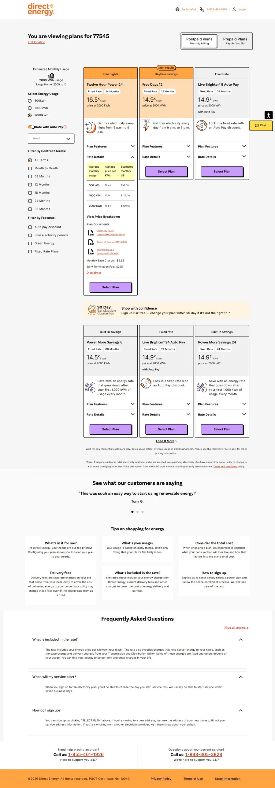 Direct Energy plan results page with rate details expanded