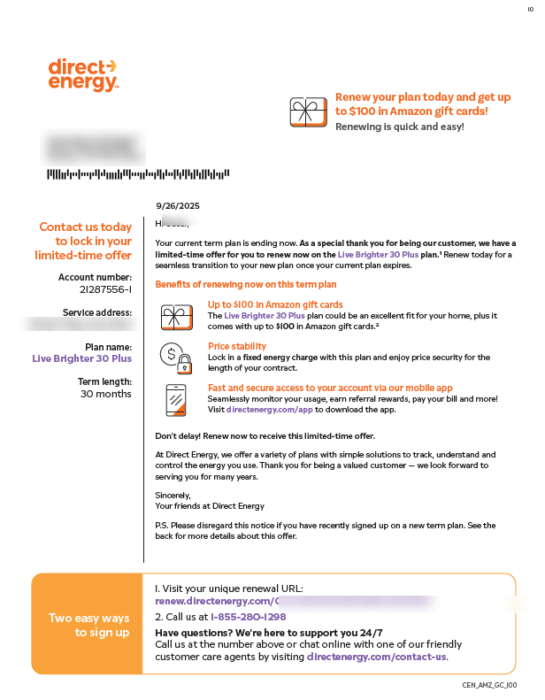 Direct Energy renewal offer letter with $100 Amazon gift card incentive