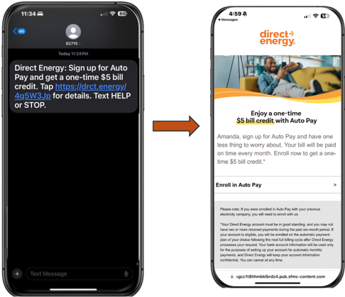 Direct Energy Auto Pay SMS offer with linked landing page