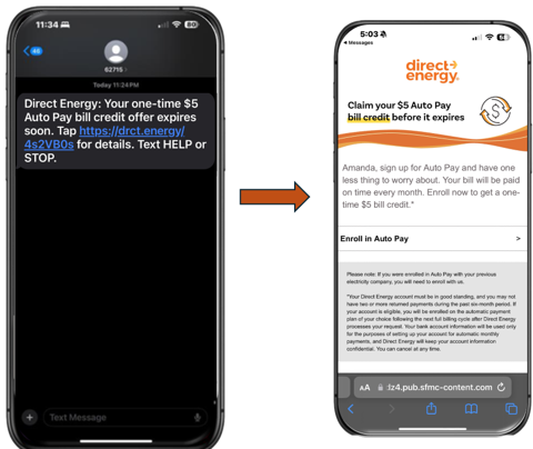 Direct Energy Auto Pay SMS expiration reminder with linked landing page