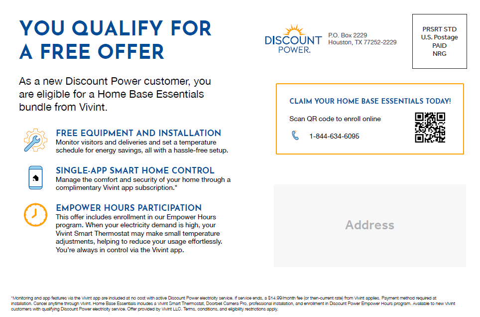 Discount Power x Vivint Home Base Essentials direct mail, back