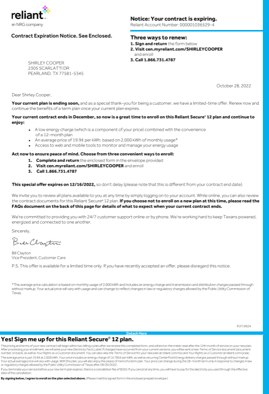 Reliant contract expiration notice letter