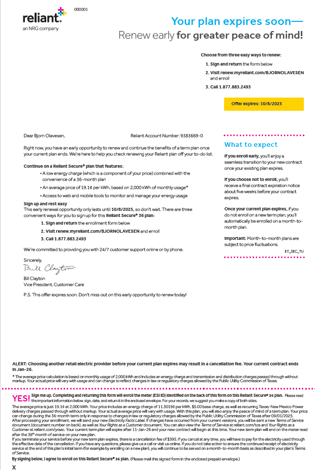 Reliant early plan renewal letter