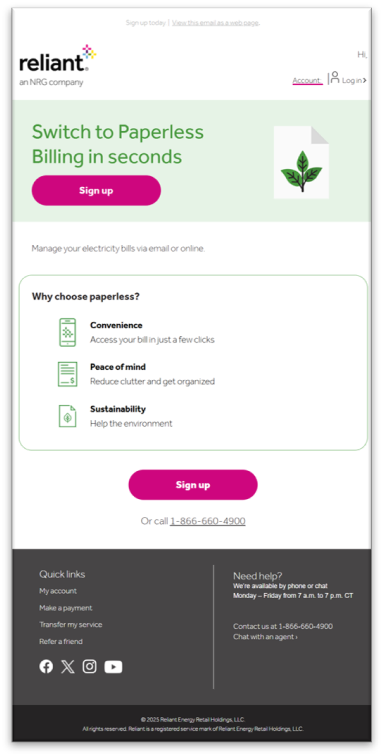 Reliant SMB paperless billing adoption email