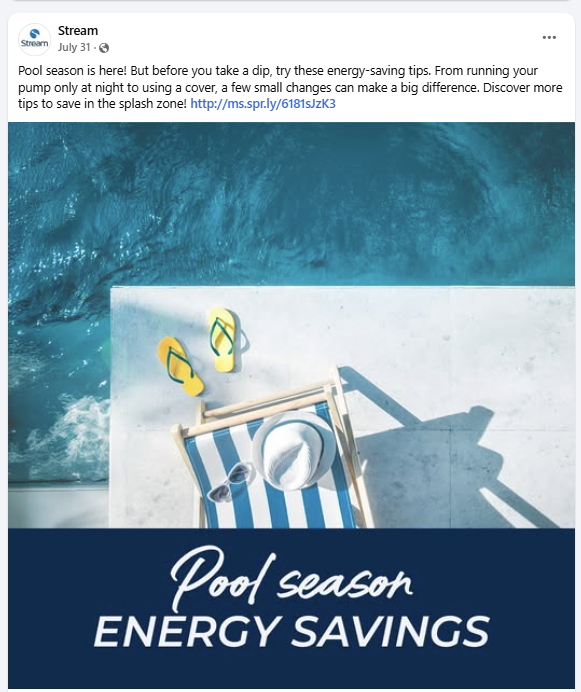 Stream Energy pool season energy savings Facebook post
